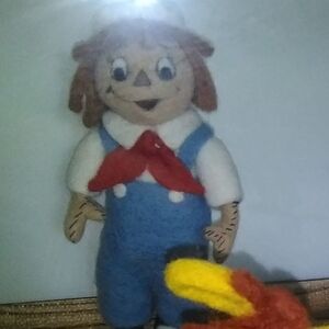 Plush Kids Doll in Blue Overalls with Red Scarf